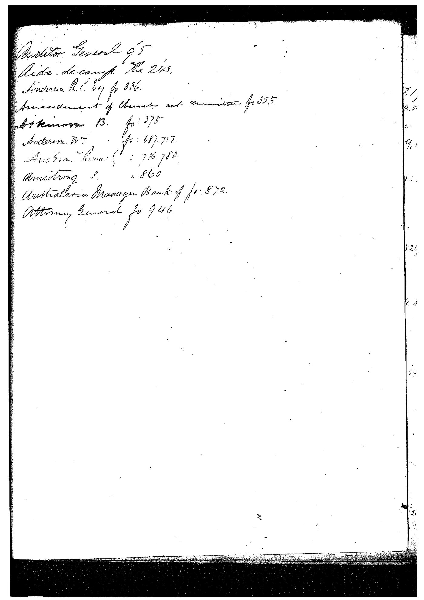 Registrar - Thomas a'Beckett Letter Book March 9 1857 - March 13 1858 index