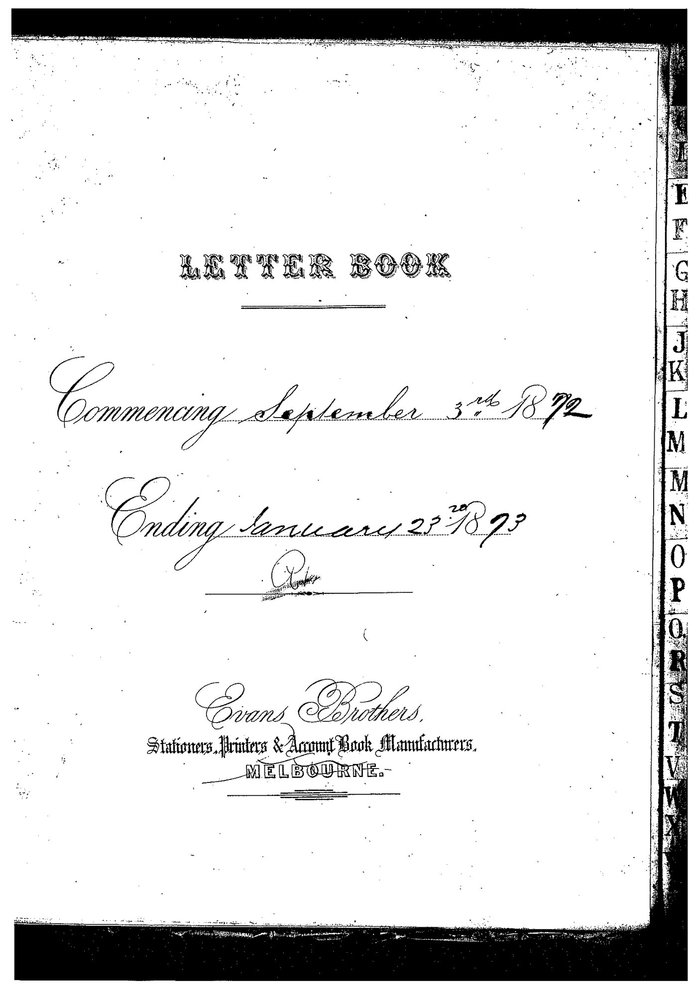Registrar - Thomas a'Beckett Letter Book September 2 1872 - January 23 1873 index