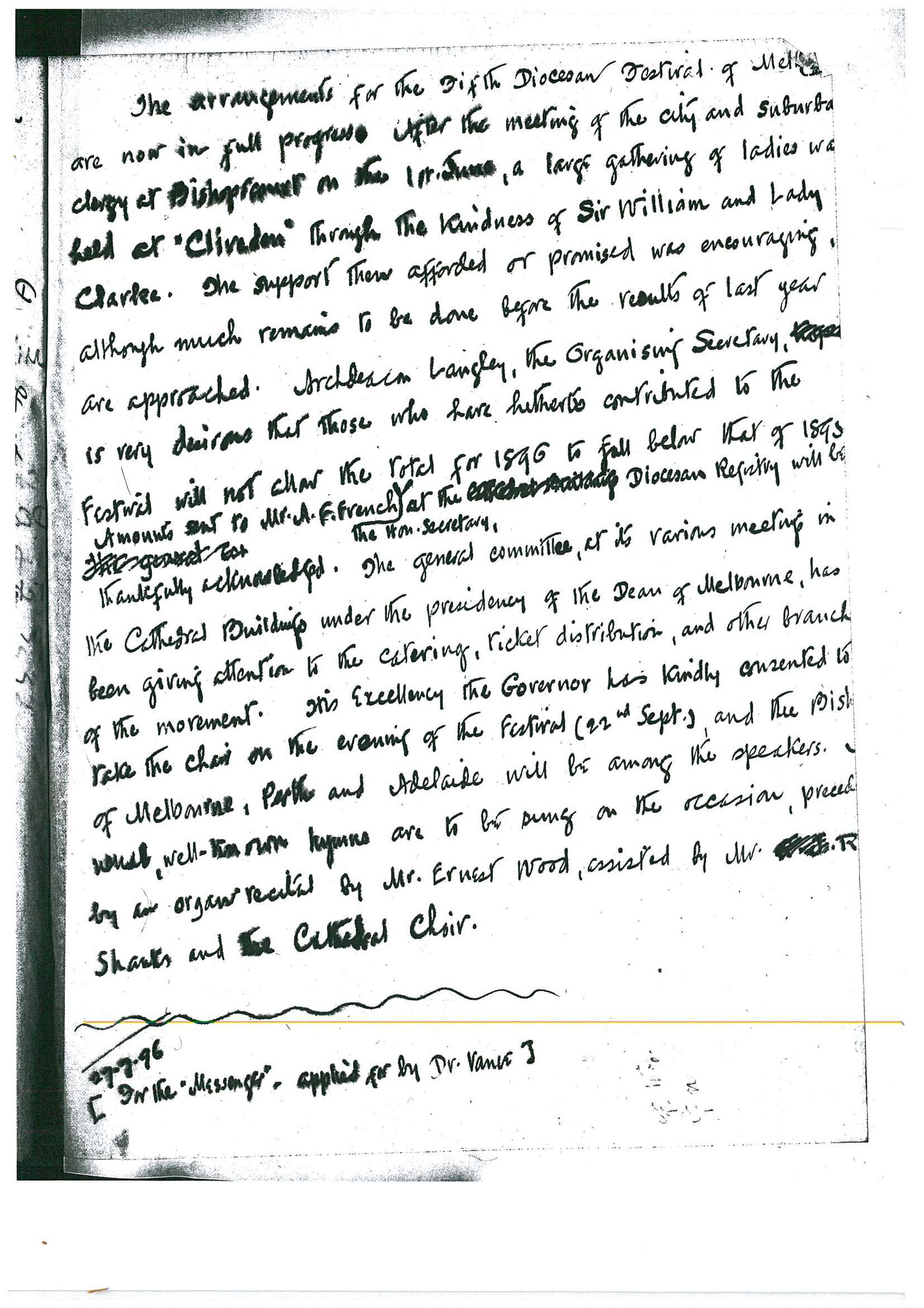 Melbourne Synod Publications: Diocesan Festival Letter Book July 29 1896 - September 7 1914