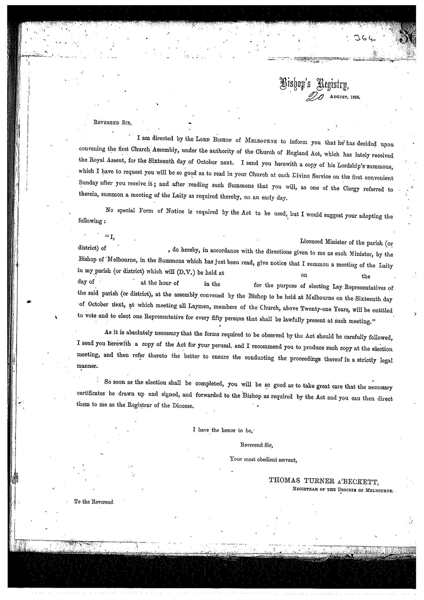 Registrar - Thomas &agrave; Beckett Letter Book May 19 1856 - March 9 1857 LBRegistrarsChurchAssemblyBook40
