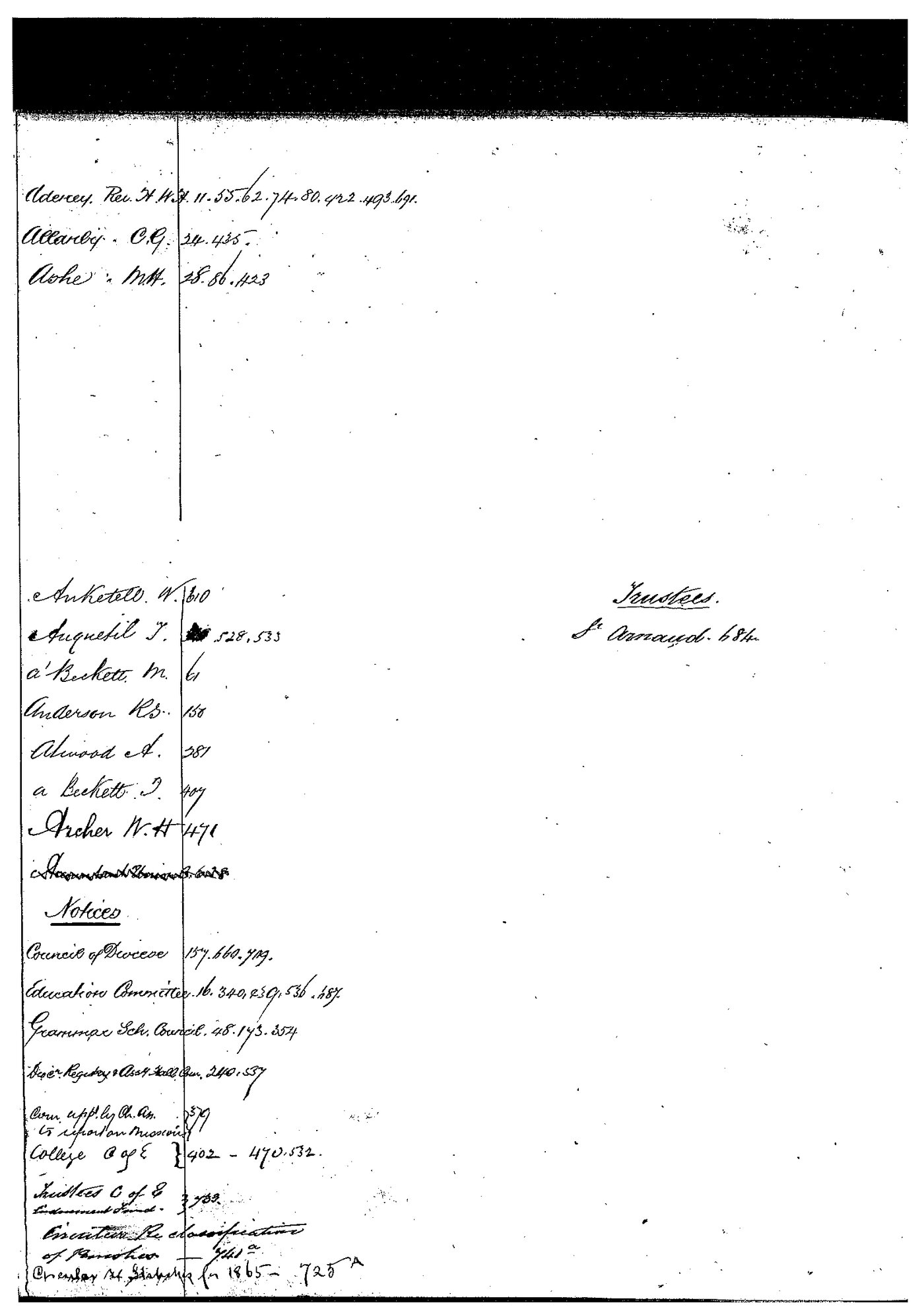 Registrar - Thomas a'Beckett Letter Book June 29 1865 - December 22 1865 index