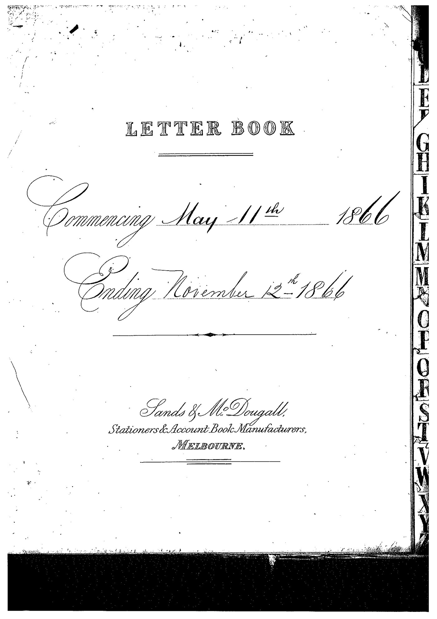 Registrar - Thomas a'Beckett Letter Book May 11 1866 - November 12 1866 index