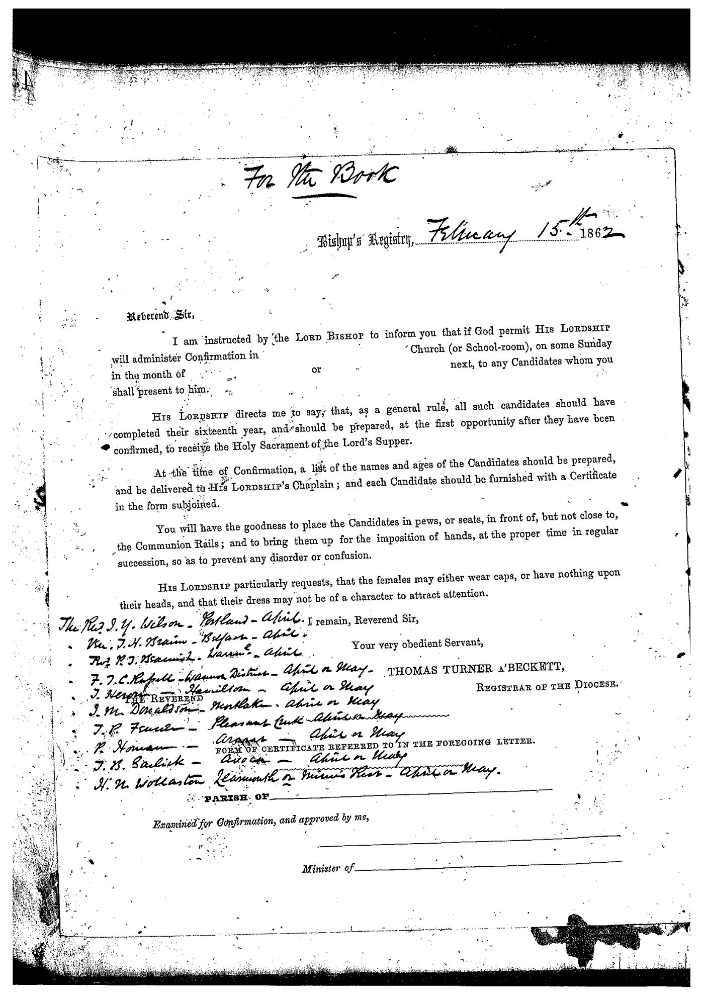 Registrar - Thomas a'Beckett Letter Book February 5 1862 - October 3 1862