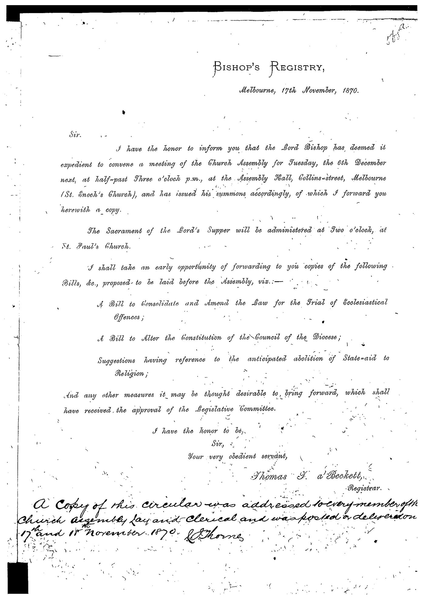 Registrar - Thomas a'Beckett Letter Book August 9 1870 - December 31 1870
