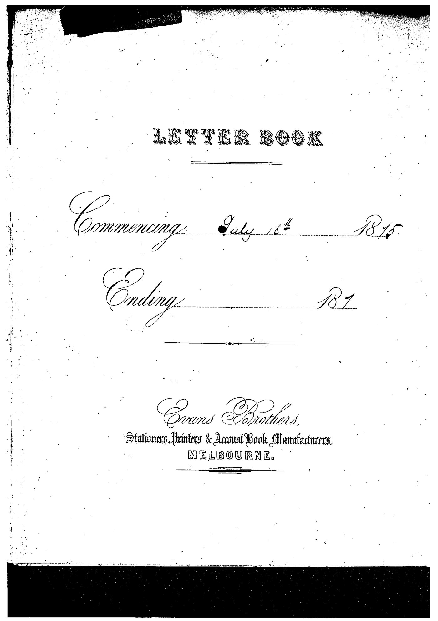 Registrar - Thomas a'Beckett Letter Book July 16 1875 - January 10 1876 index