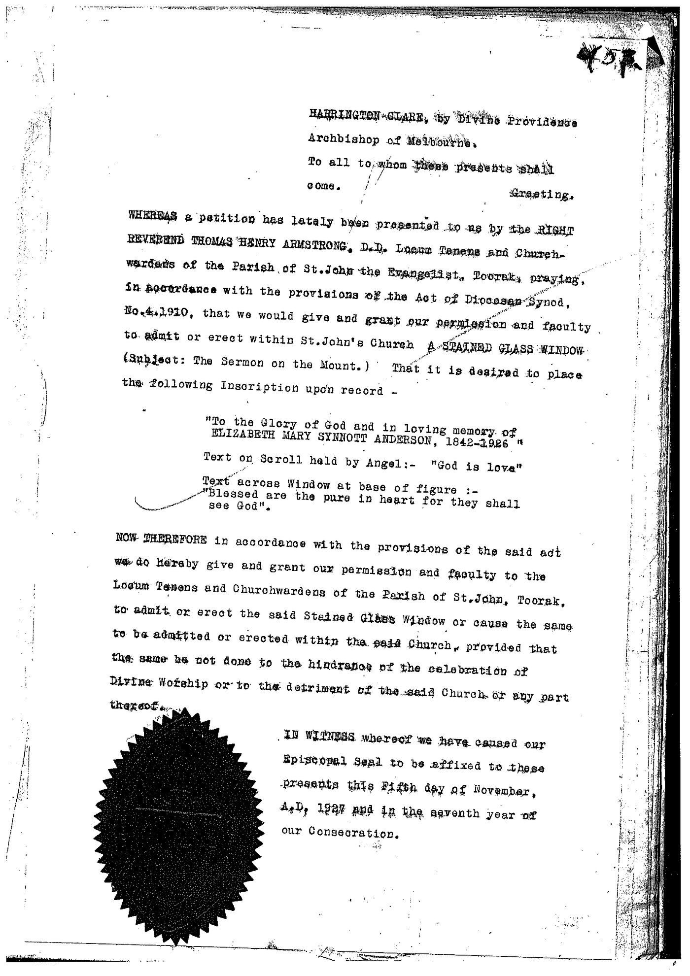 Archbishops Bishops Office Correspondence: Archbishop Harrington Clare Lees Letter Book February 24 1922 - December 16 1927 LBLeesPetitionSTJohnsToorak