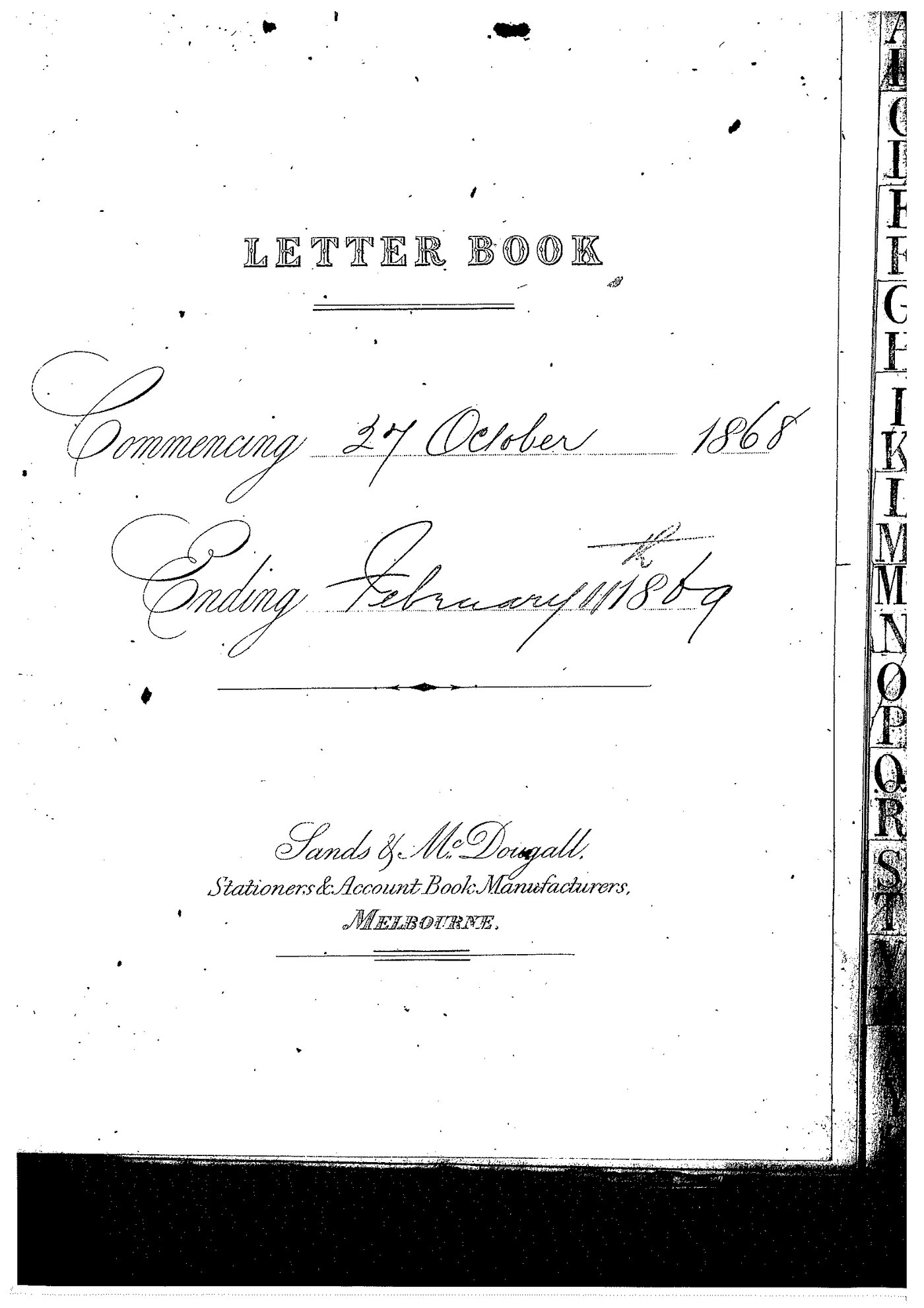 Registrar - Thomas a'Beckett Letter Book October 27 1868 - February 11 1869 index