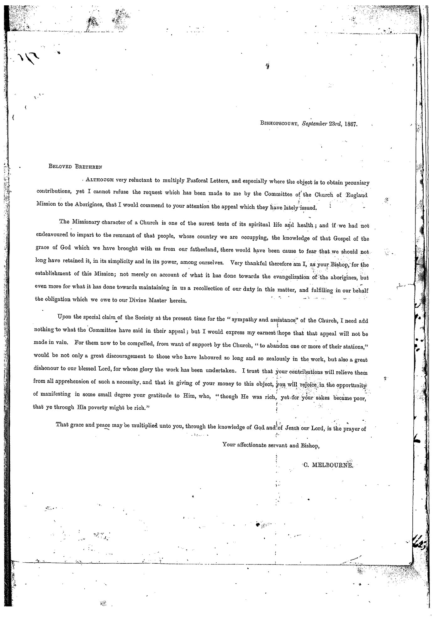 Archbishops Bishops Office Correspondence: Bishop Charles Perry Letter Book October 26 1866 - June 30 1868 LBPerry25PastoralAborigines