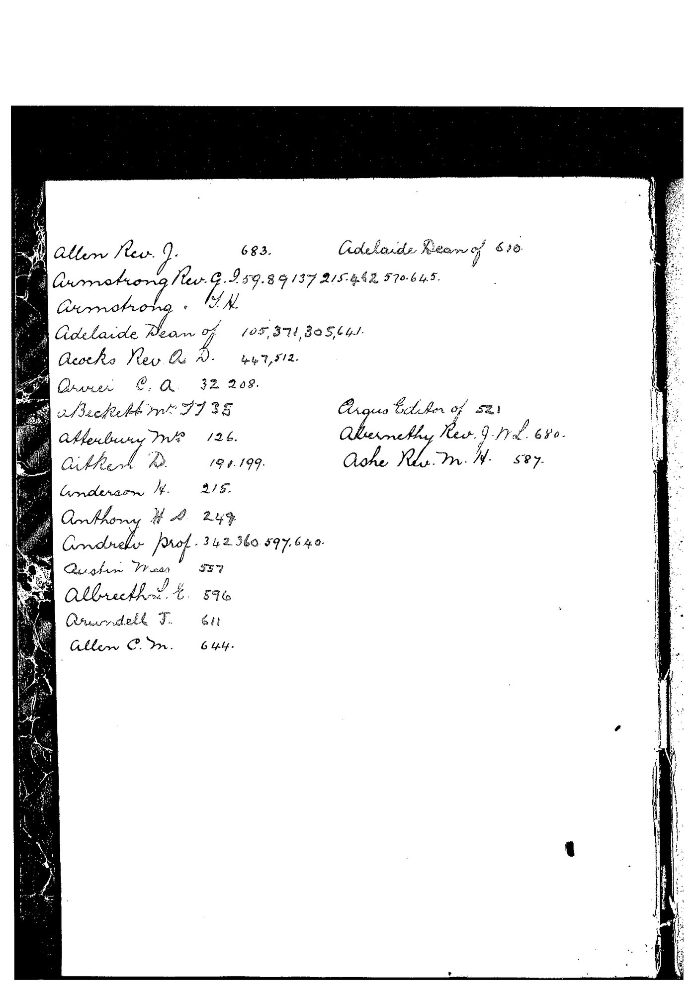 Registrar - Thomas a'Beckett Letter Book June 20 1882 - January 15 1883 index