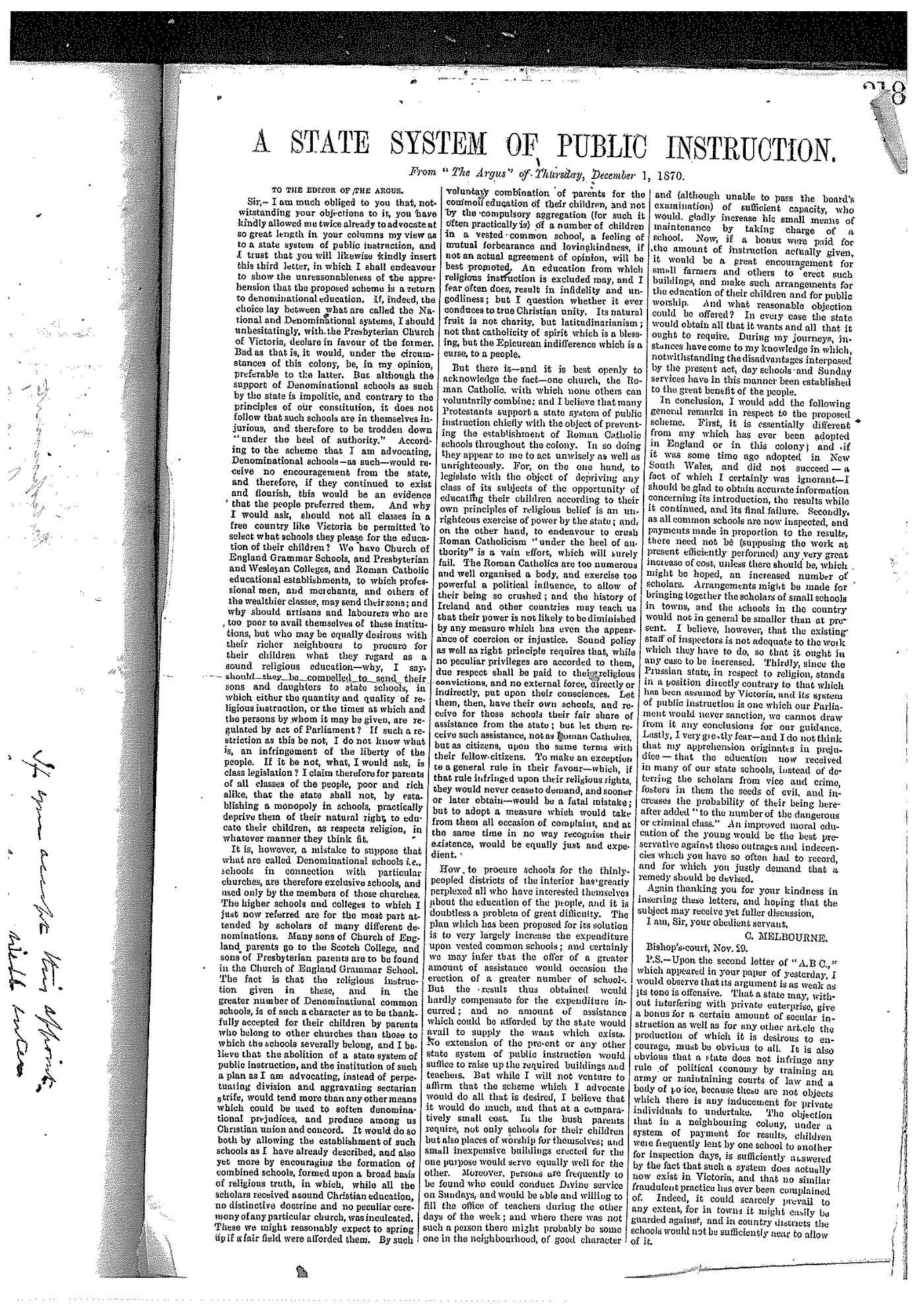 Archbishops Bishops Office Correspondence: Bishop Charles Perry Letter Book June 14 1870 - August 23 1872 LBPerry14SystemPublicInstruction