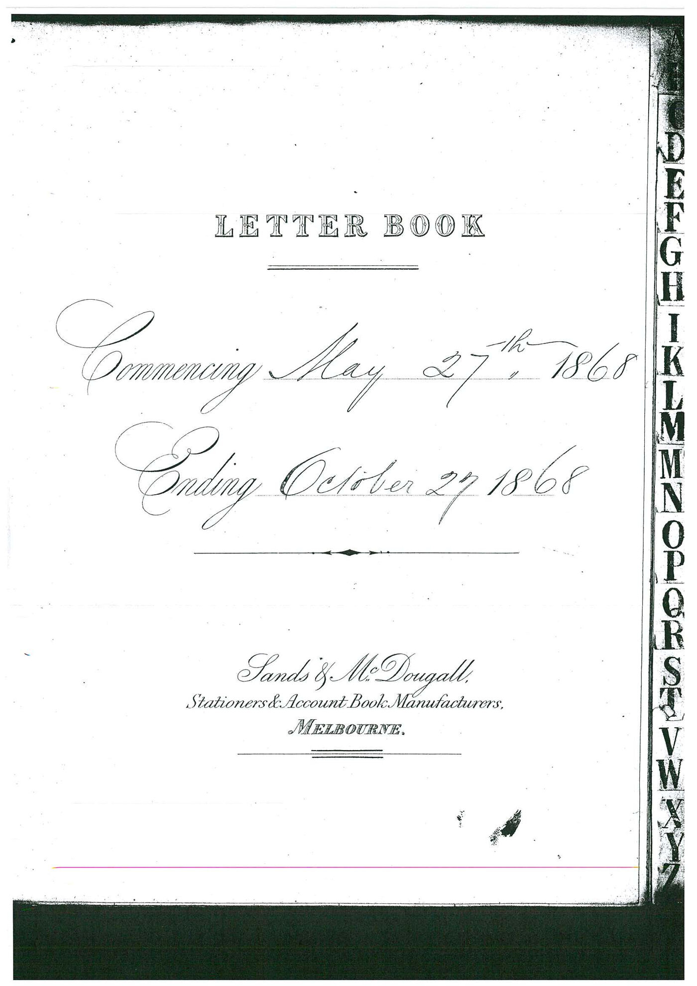 Registrar - Thomas a'Beckett Letter Book May 27 1868 - October 27 1868 index