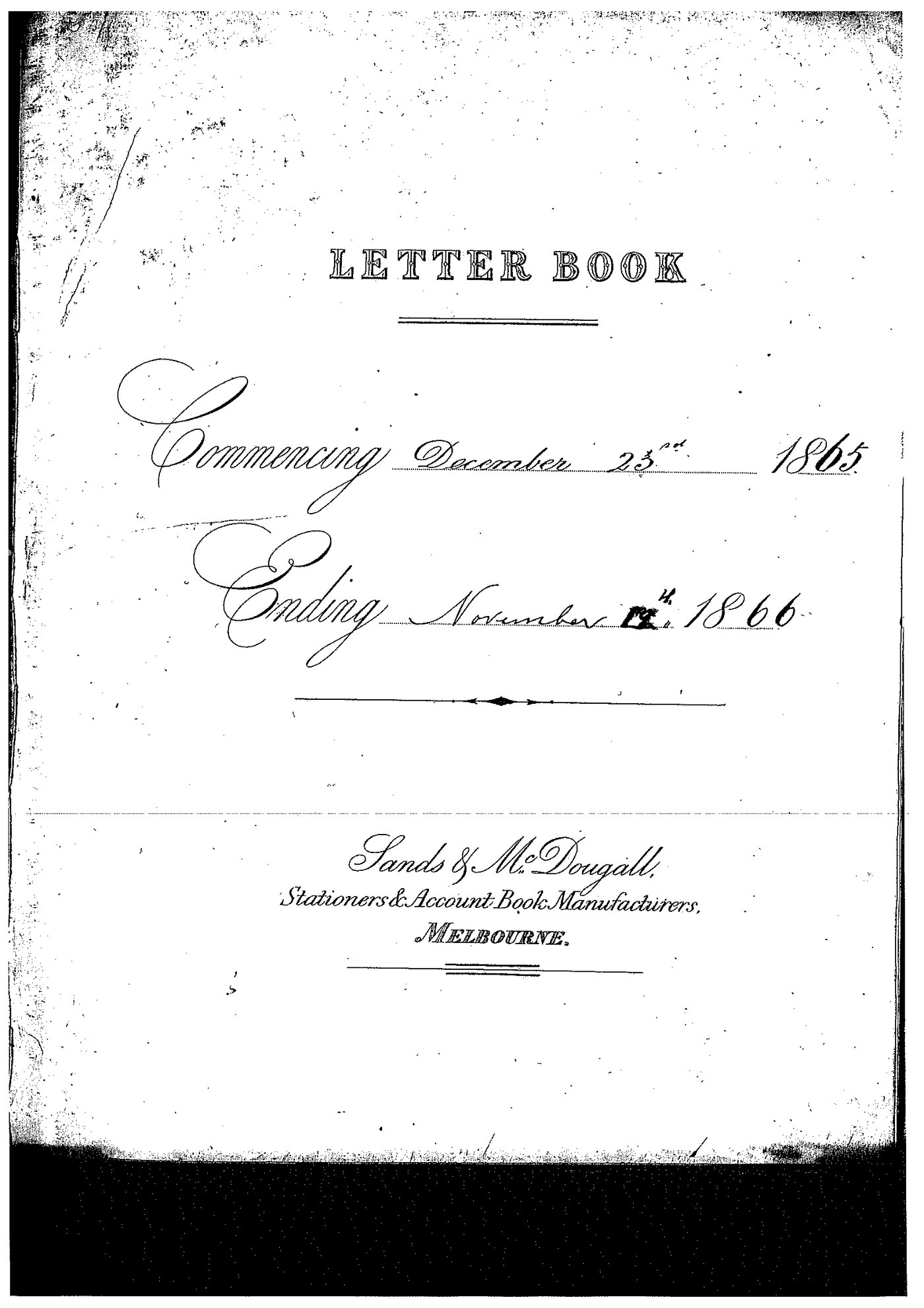 Registrar - Thomas a'Beckett Letter Book December 15 1865 - May 12 1866 index