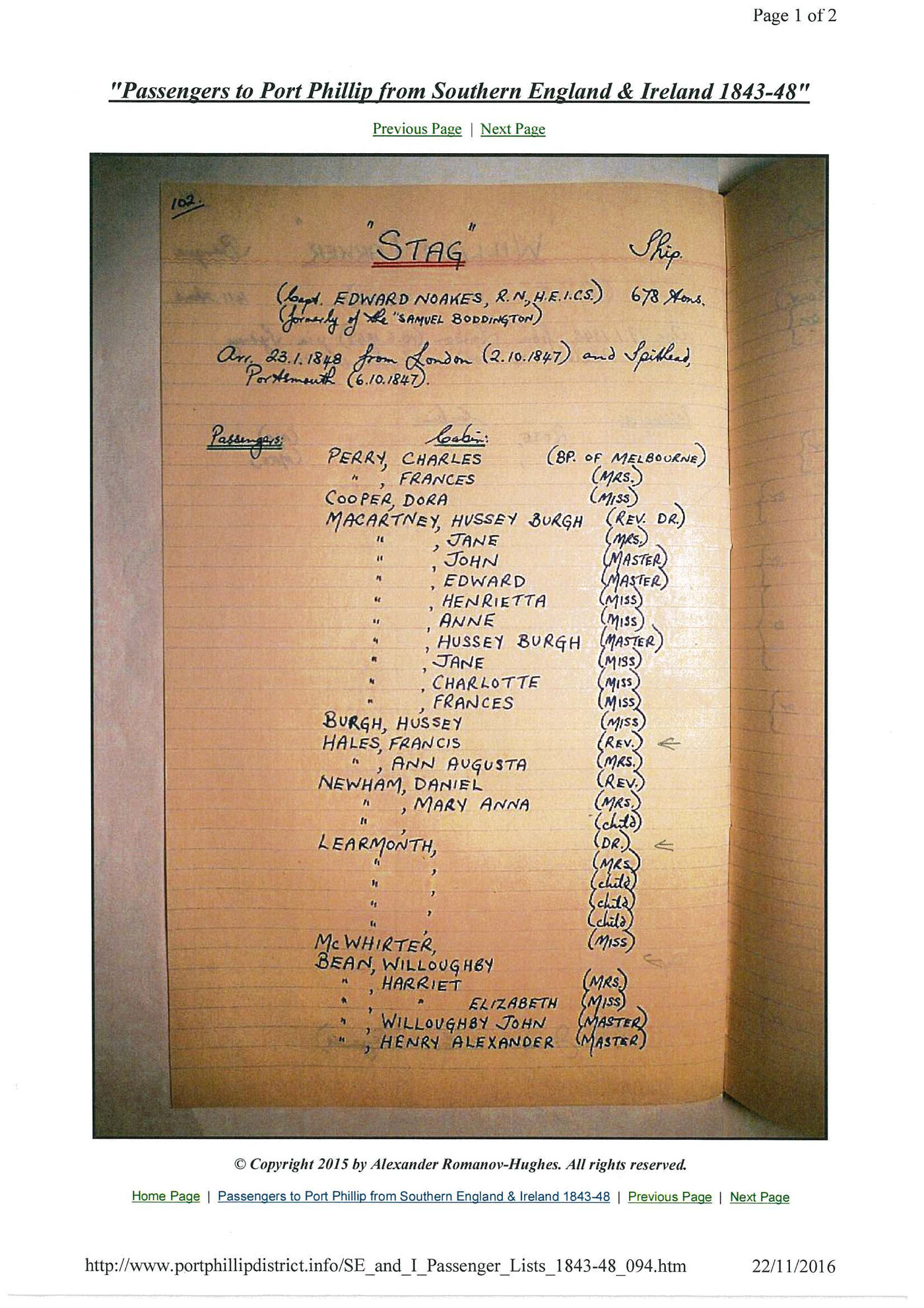 Stag Passengers list 1849